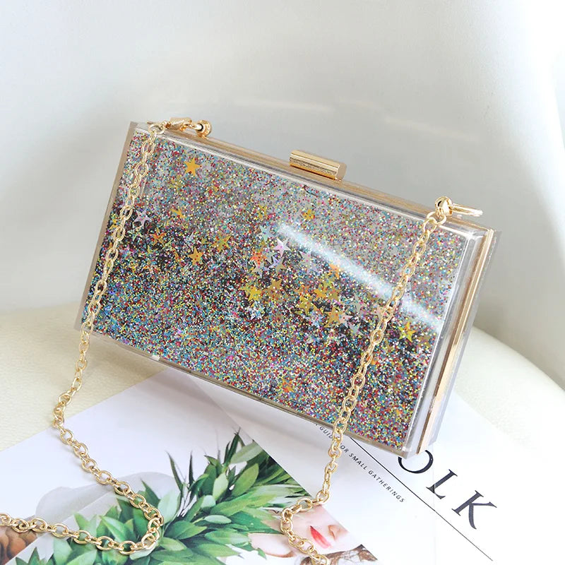 Transparent Rectangular Liquid Quicksand Acrylic Clutch Evening Bag Women Shoulder Bags Sequins star Party Clear Purse Handbag