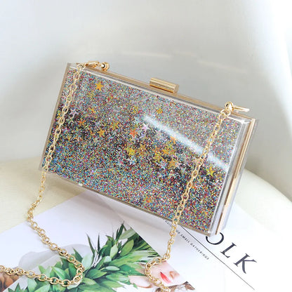 Transparent Rectangular Liquid Quicksand Acrylic Clutch Evening Bag Women Shoulder Bags Sequins star Party Clear Purse Handbag