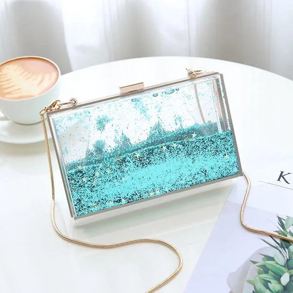 Transparent Rectangular Liquid Quicksand Acrylic Clutch Evening Bag Women Shoulder Bags Sequins star Party Clear Purse Handbag