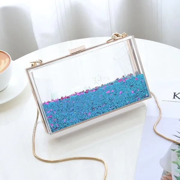 Transparent Rectangular Liquid Quicksand Acrylic Clutch Evening Bag Women Shoulder Bags Sequins star Party Clear Purse Handbag