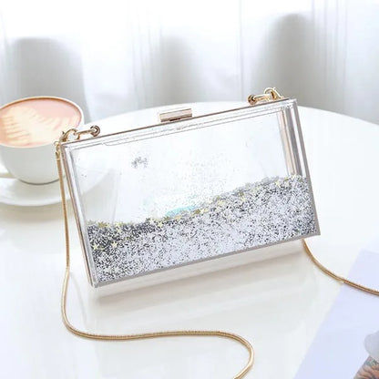Transparent Rectangular Liquid Quicksand Acrylic Clutch Evening Bag Women Shoulder Bags Sequins star Party Clear Purse Handbag