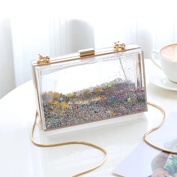 Transparent Rectangular Liquid Quicksand Acrylic Clutch Evening Bag Women Shoulder Bags Sequins star Party Clear Purse Handbag