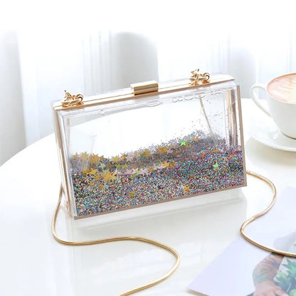 Transparent Rectangular Liquid Quicksand Acrylic Clutch Evening Bag Women Shoulder Bags Sequins star Party Clear Purse Handbag