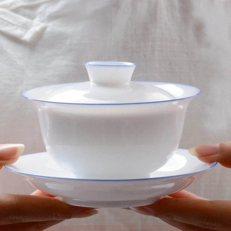 Transparent white ceramic cover bowl, handmade white porcelain thin fetuses, tea bowl, kungfu tea, handmade tea bowl
