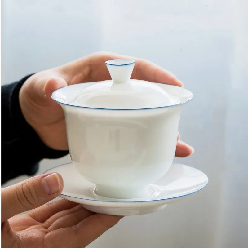 Transparent white ceramic cover bowl, handmade white porcelain thin fetuses, tea bowl, kungfu tea, handmade tea bowl