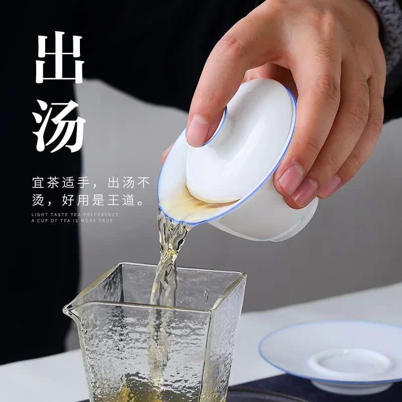 Transparent white ceramic cover bowl, handmade white porcelain thin fetuses, tea bowl, kungfu tea, handmade tea bowl