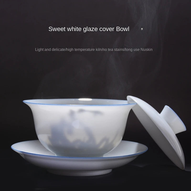 Transparent white ceramic cover bowl, handmade white porcelain thin fetuses, tea bowl, kungfu tea, handmade tea bowl
