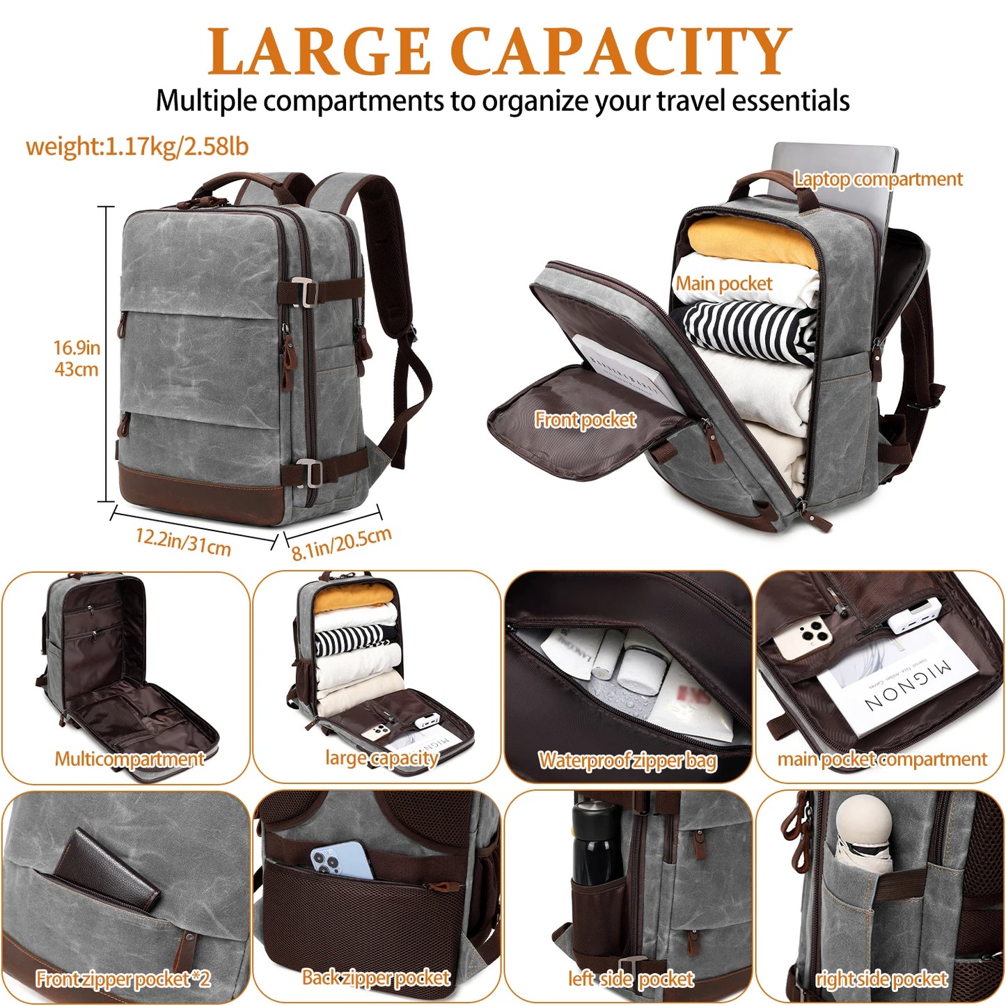 Travel Backpack for Men Women Carry On Backpack Flight Approved Personal Item Backpack, 17.3 inch Laptop Backpack Casual Daypack