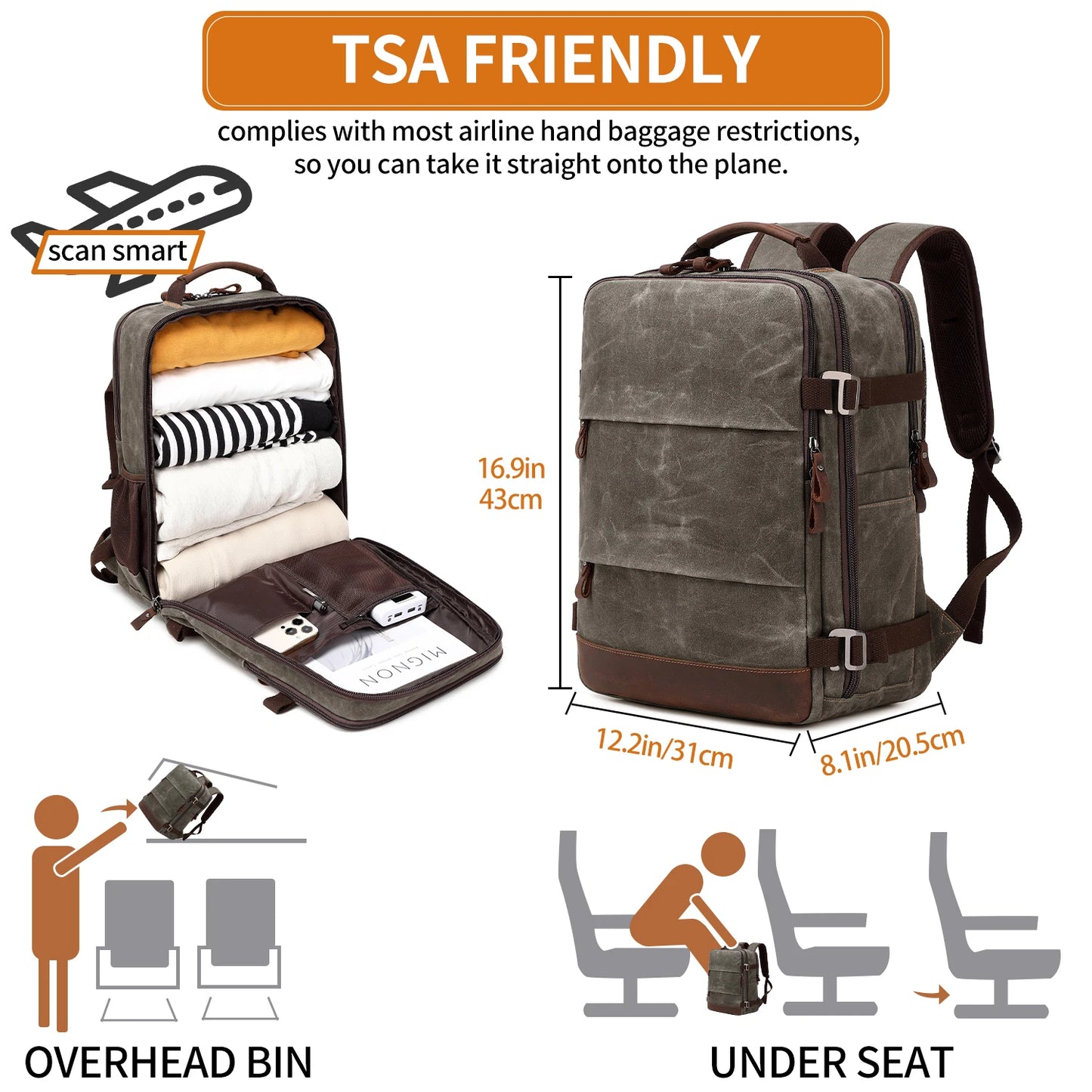 Travel Backpack for Men Women Carry On Backpack Flight Approved Personal Item Backpack, 17.3 inch Laptop Backpack Casual Daypack
