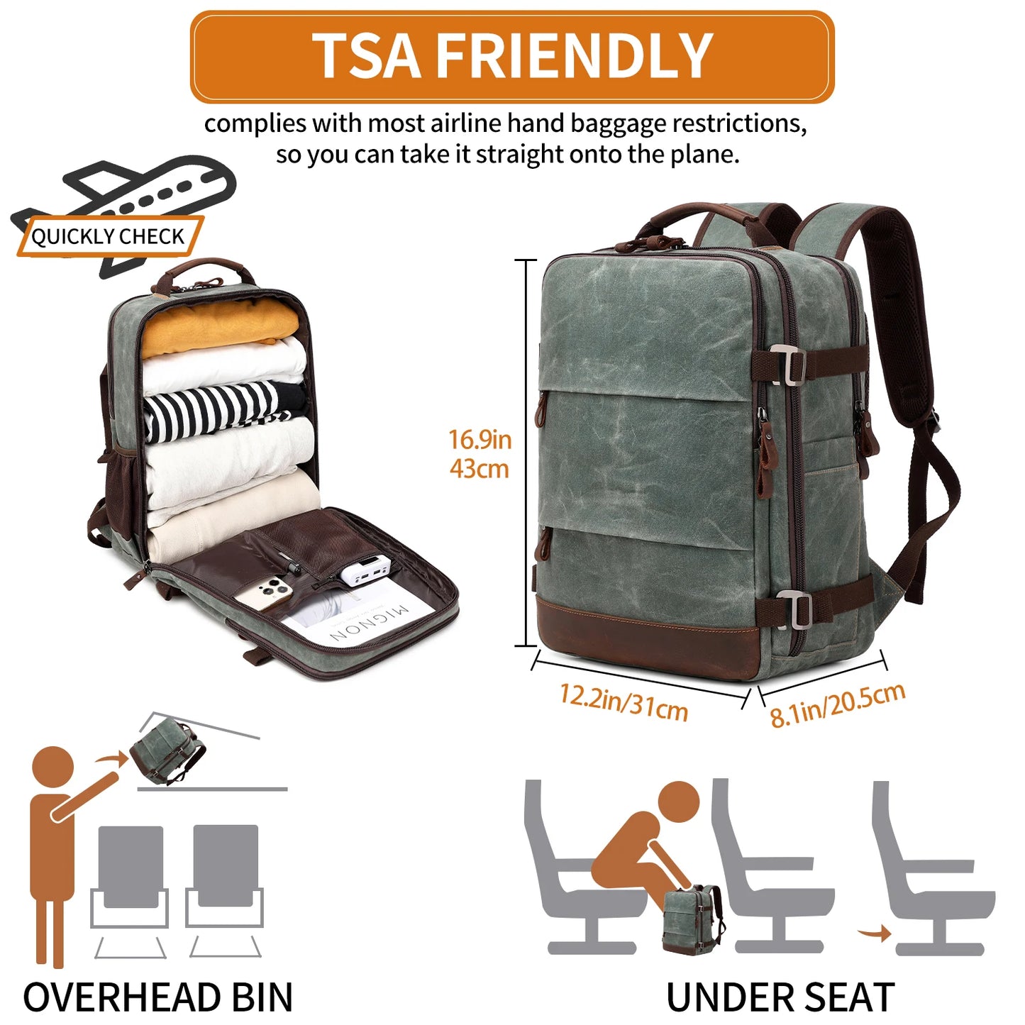 Travel Backpack for Men Women Carry On Backpack Flight Approved Personal Item Backpack, 17.3 inch Laptop Backpack Casual Daypack
