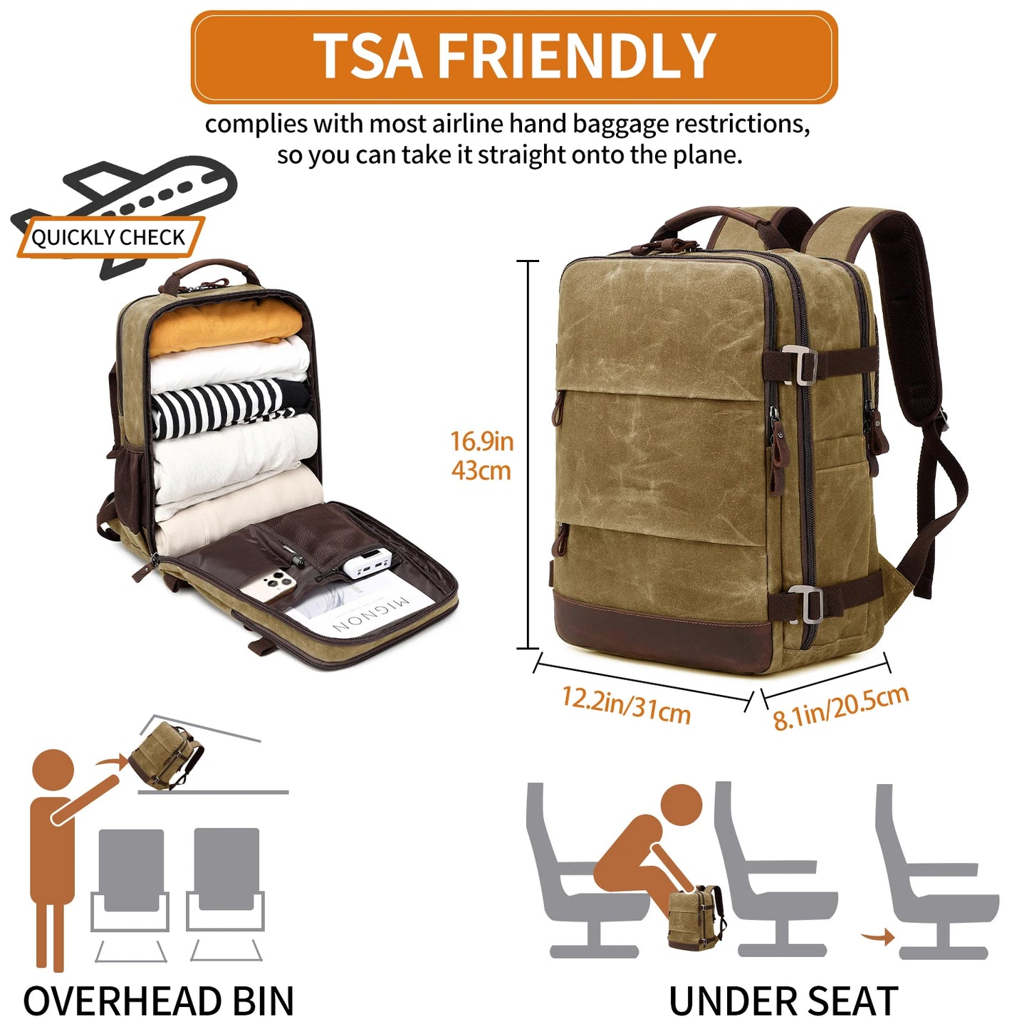 Travel Backpack for Men Women Carry On Backpack Flight Approved Personal Item Backpack, 17.3 inch Laptop Backpack Casual Daypack