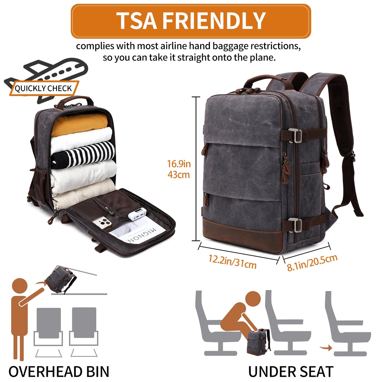 Travel Backpack for Men Women Carry On Backpack Flight Approved Personal Item Backpack, 17.3 inch Laptop Backpack Casual Daypack