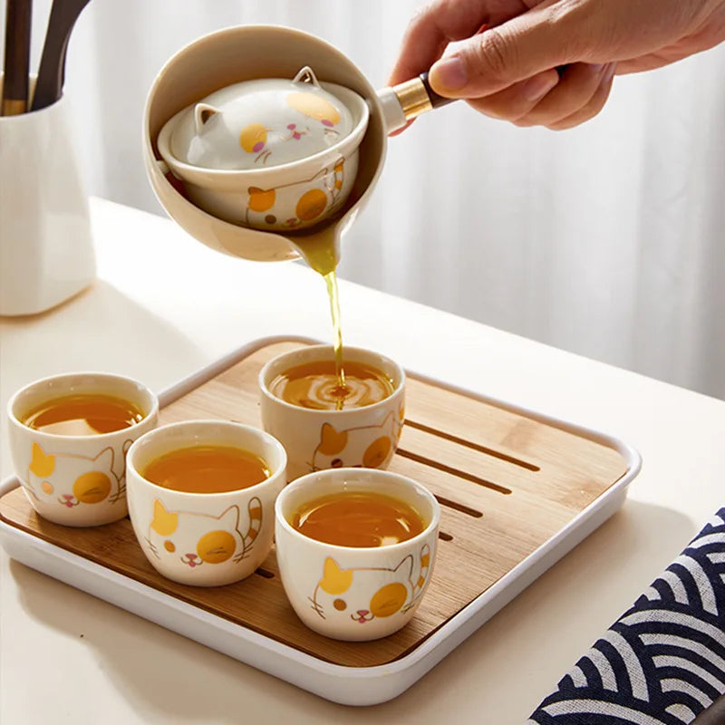Travel Camping Tea Set Set with Lazy Man Automatic Tea Making Tool 1 Pot 4 Cups Side Handle Pot