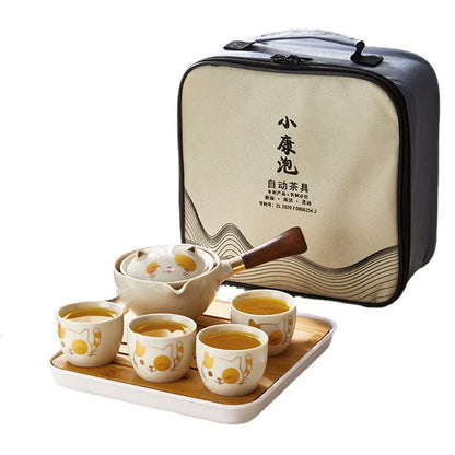 Travel Camping Tea Set Set with Lazy Man Automatic Tea Making Tool 1 Pot 4 Cups Side Handle Pot