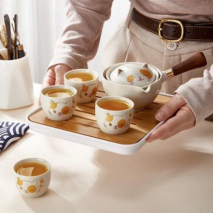 Travel Camping Tea Set Set with Lazy Man Automatic Tea Making Tool 1 Pot 4 Cups Side Handle Pot