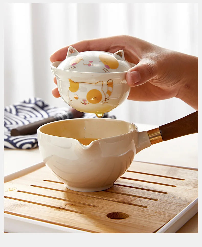 Travel Camping Tea Set Set with Lazy Man Automatic Tea Making Tool 1 Pot 4 Cups Side Handle Pot