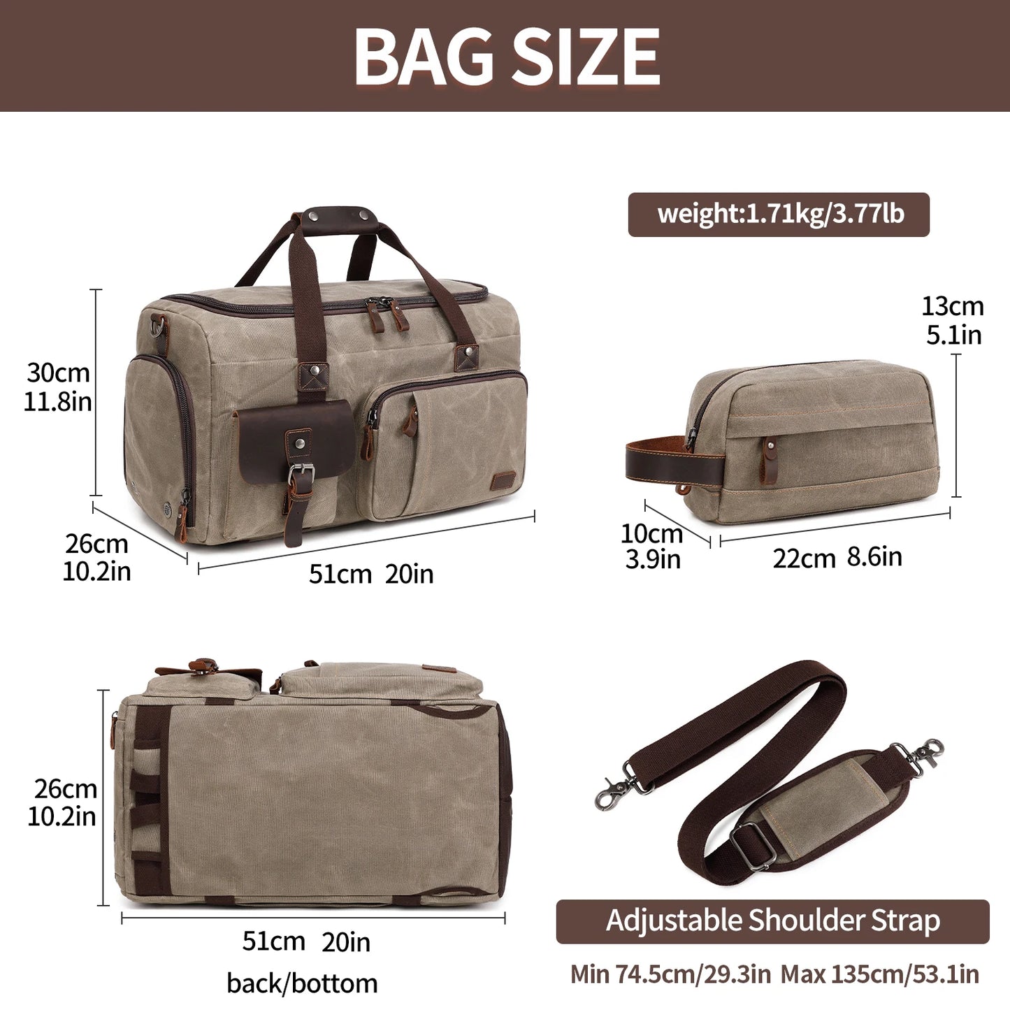 Travel Duffle Bag for Men, Canvas Luggage Travel Bag Weekender Overnight Bag, Mens Gym Carry on Duffel Bags