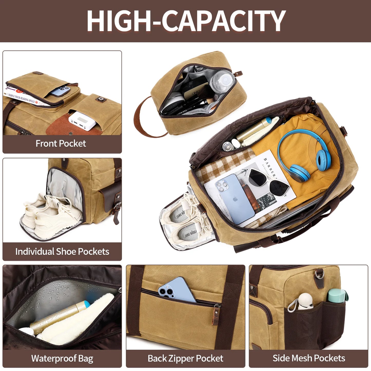 Travel Duffle Bag for Men, Canvas Luggage Travel Bag Weekender Overnight Bag, Mens Gym Carry on Duffel Bags