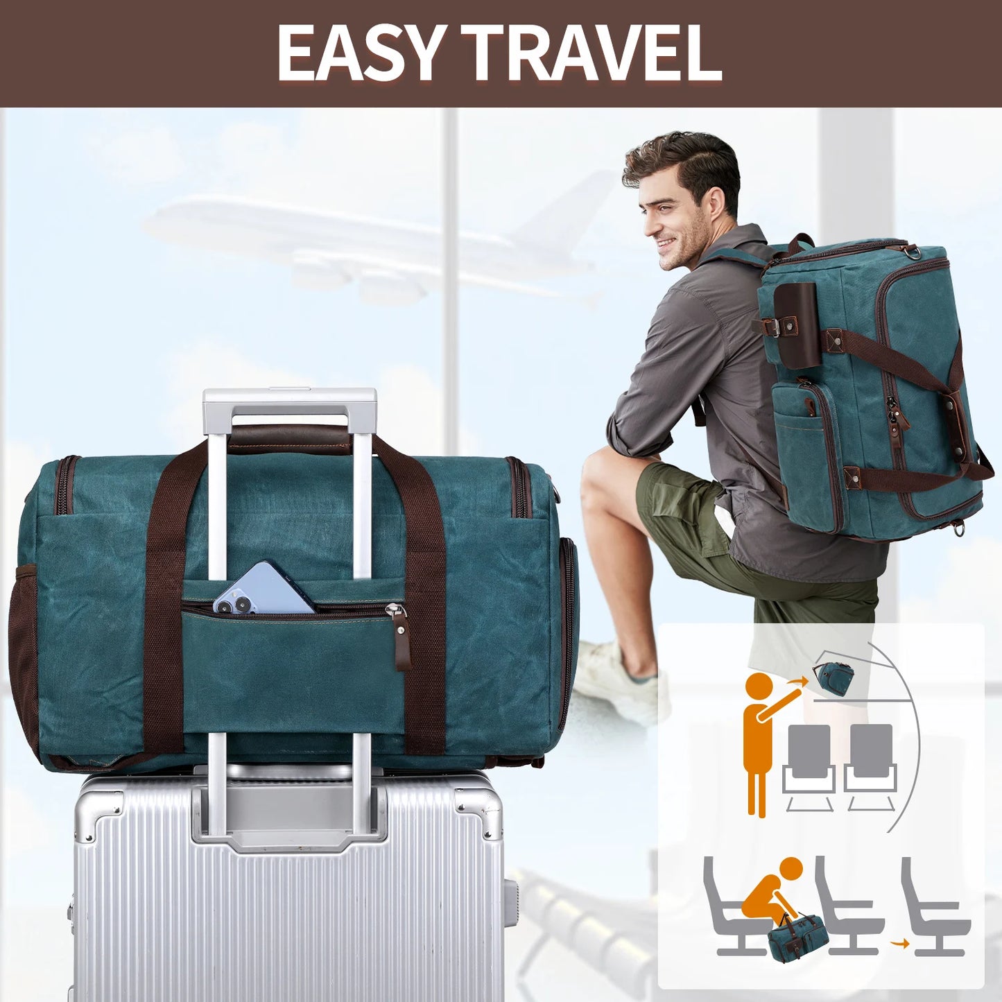 Travel Duffle Bag for Men, Canvas Luggage Travel Bag Weekender Overnight Bag, Mens Gym Carry on Duffel Bags