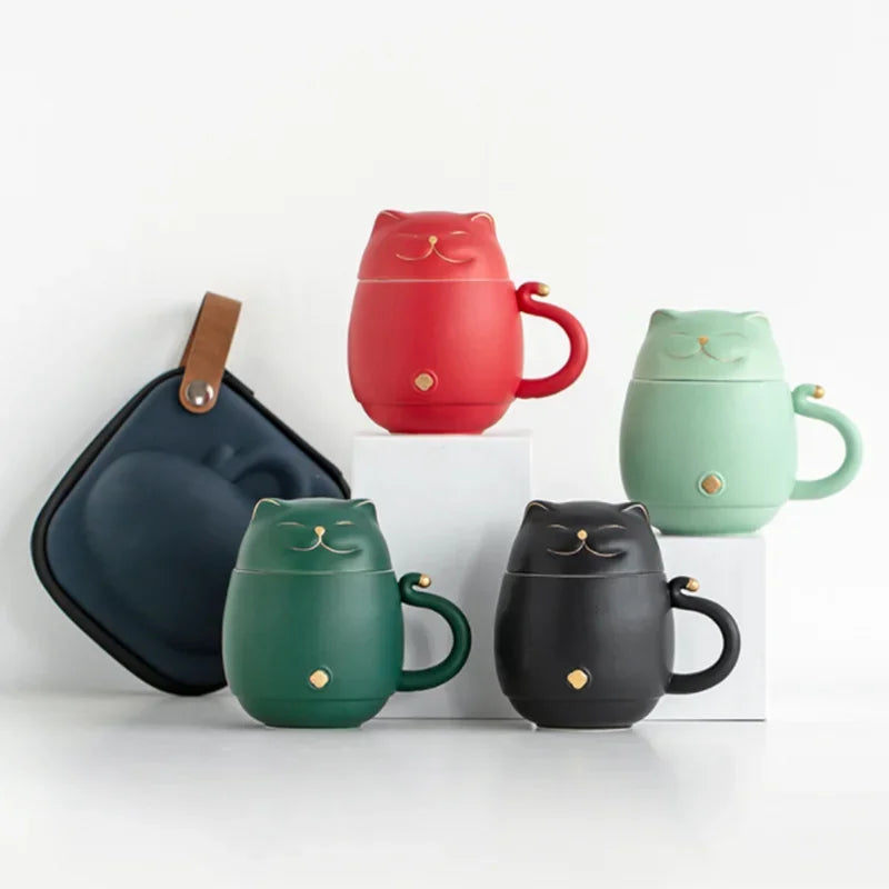 Travel Portable Tea Set Smiley Cat Shape Teapot Set Ceramic Mini Gongfu Portable Teapot Infuser Set Mug Cups