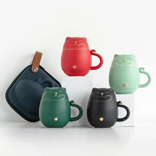 Travel Portable Tea Set Smiley Cat Shape Teapot Set Ceramic Mini Gongfu Portable Teapot Infuser Set Mug Cups