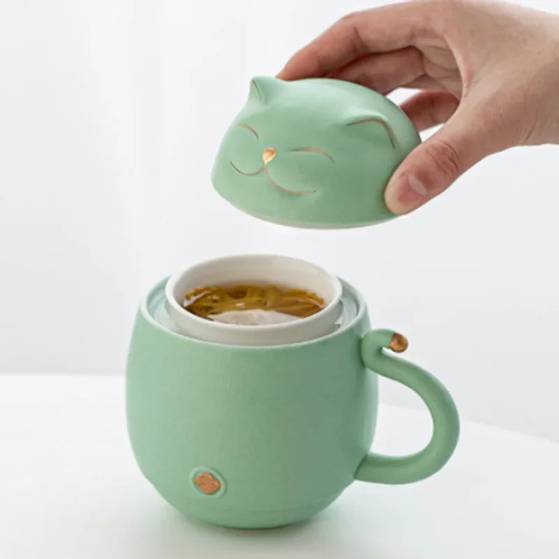 Travel Portable Tea Set Smiley Cat Shape Teapot Set Ceramic Mini Gongfu Portable Teapot Infuser Set Mug Cups