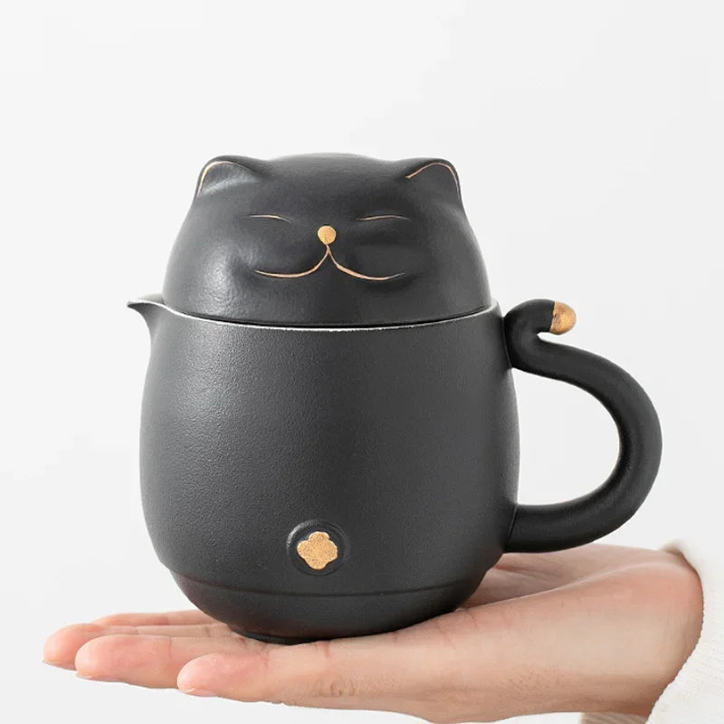 Travel Portable Tea Set Smiley Cat Shape Teapot Set Ceramic Mini Gongfu Portable Teapot Infuser Set Mug Cups