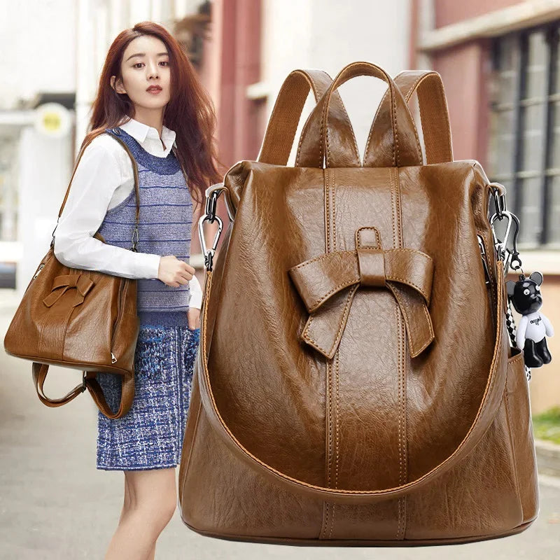 Trend Anti-theft Women's New Shoulder Korean Fashion PU Leather Multifunctional Cute Bow Backpack Travel Bag