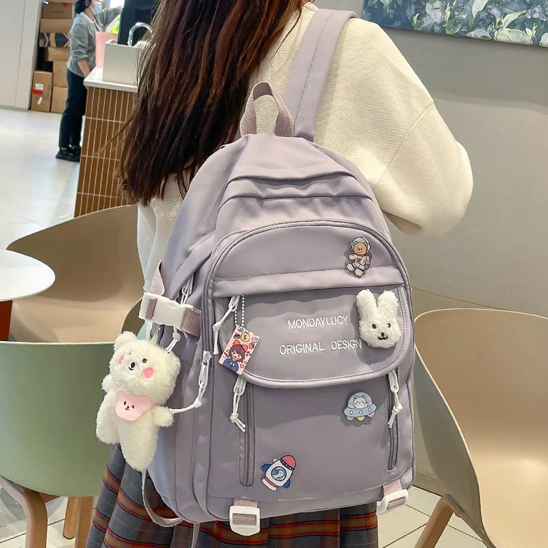 Trendy Cute Female College Backpack Lady Badge Pin Student Backpack Girl Travel Kawaii School Bag Fashion Women Laptop Book Bags