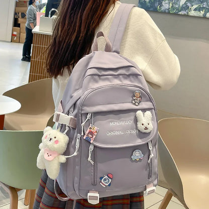 Trendy Cute Female College Backpack Lady Badge Pin Student Backpack Girl Travel Kawaii School Bag Fashion Women Laptop Book Bags