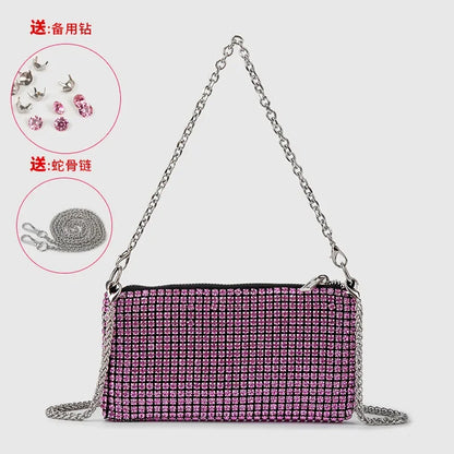Trendy Diamond Chain Bag for Women 2024 New Temperament Versatile Rhinestone Bag Mini Textured Shoulder Crossbody Bag Send Chain