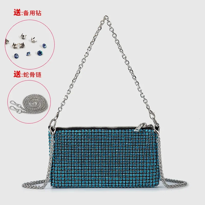 Trendy Diamond Chain Bag for Women 2024 New Temperament Versatile Rhinestone Bag Mini Textured Shoulder Crossbody Bag Send Chain