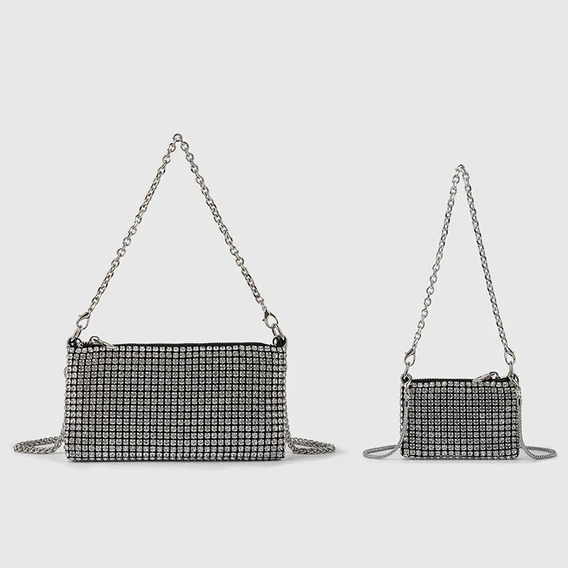 Trendy Diamond Chain Bag for Women 2024 New Temperament Versatile Rhinestone Bag Mini Textured Shoulder Crossbody Bag Send Chain