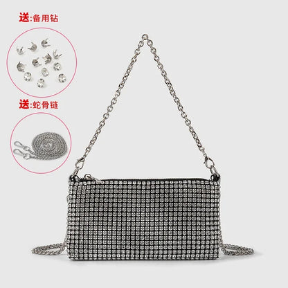 Trendy Diamond Chain Bag for Women 2024 New Temperament Versatile Rhinestone Bag Mini Textured Shoulder Crossbody Bag Send Chain