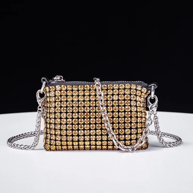 Trendy Diamond Chain Bag for Women 2024 New Temperament Versatile RhinestoneMini Textured Shoulder Crossbody Bag Send Chain