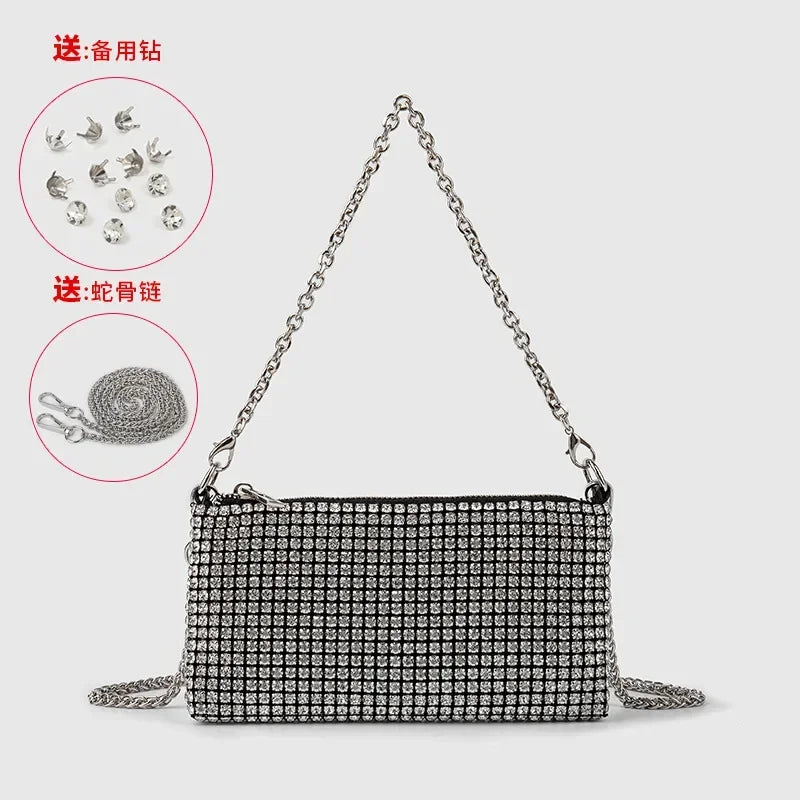 Trendy Diamond Chain Bag for Women 2024 New Temperament Versatile RhinestoneMini Textured Shoulder Crossbody Bag Send Chain