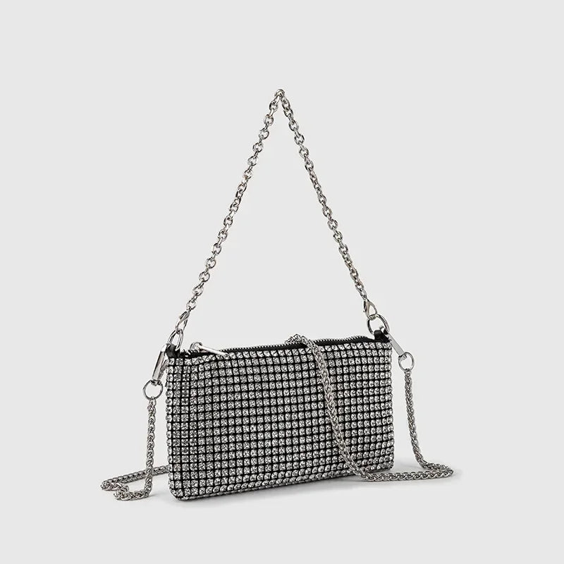 Trendy Diamond Chain Bag for Women 2024 New Temperament Versatile RhinestoneMini Textured Shoulder Crossbody Bag Send Chain