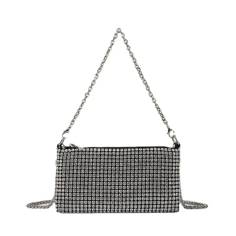 Trendy Diamond Chain Bag for Women 2024 New Temperament Versatile RhinestoneMini Textured Shoulder Crossbody Bag Send Chain