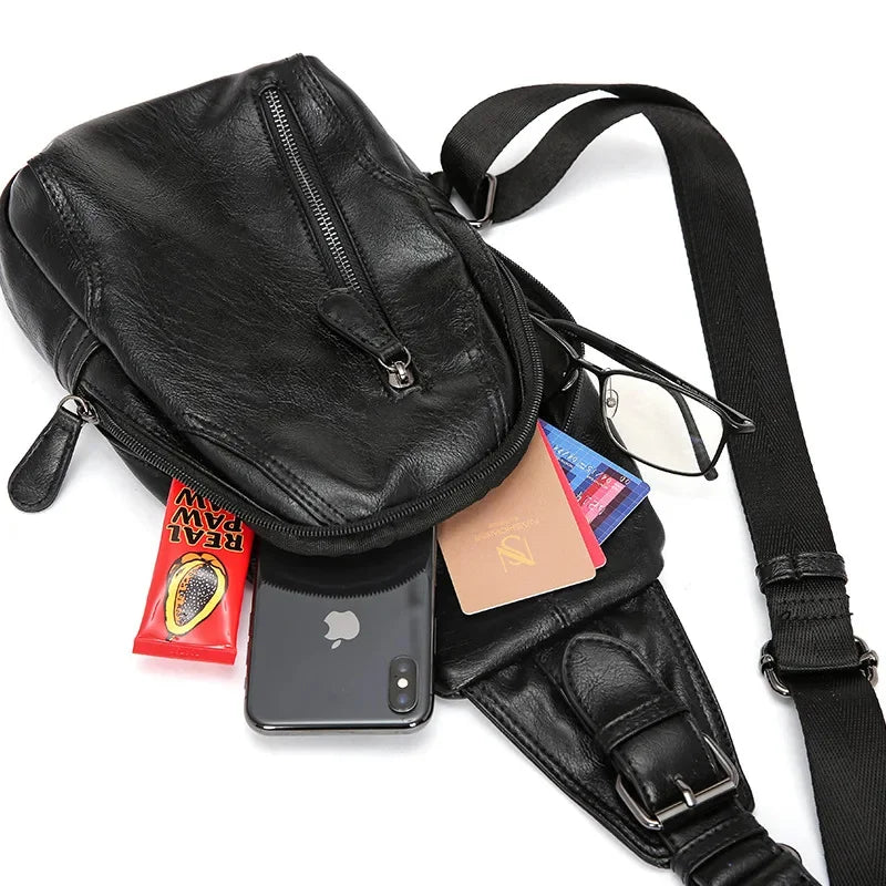 Trendy Fashion Men's Chest Multifunction Leather Male Messenger Casual Crossbody Outdoor Sling Bag