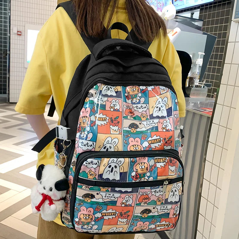 Trendy Girl Cartoon Printing Leisure College Backpack Fashion Lady Travel Book Bag New Female Cute Nylon Women Laptop School Bag