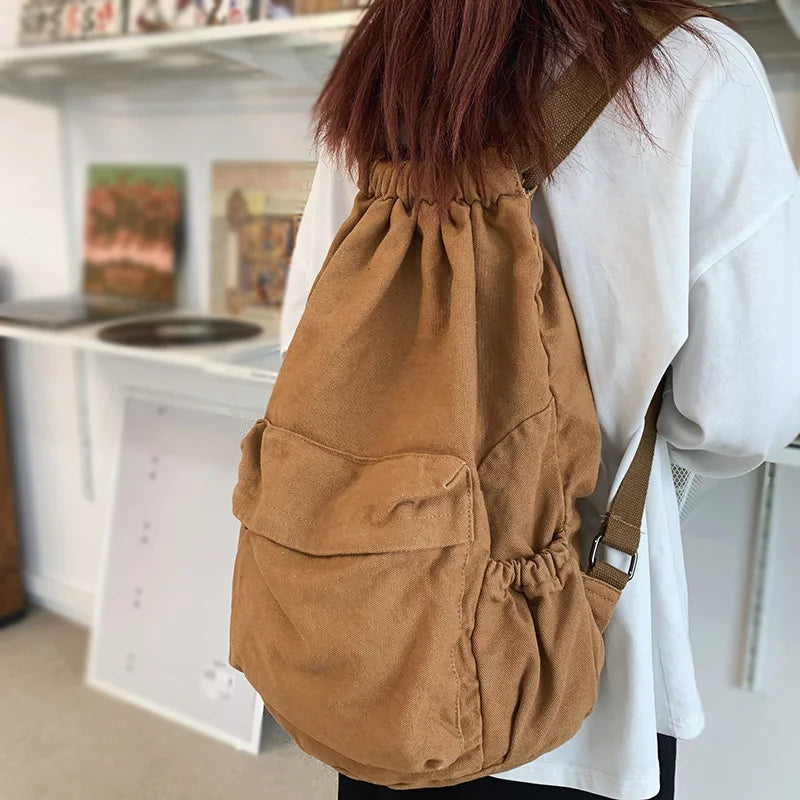 Trendy Lady Canvas Drawstring Laptop Backpack Girl Travel Student Bag Fashion Cool Female College Backpack Women Cute School Bag