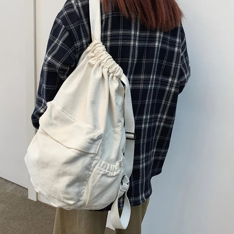 Trendy Lady Canvas Drawstring Laptop Backpack Girl Travel Student Bag Fashion Cool Female College Backpack Women Cute School Bag