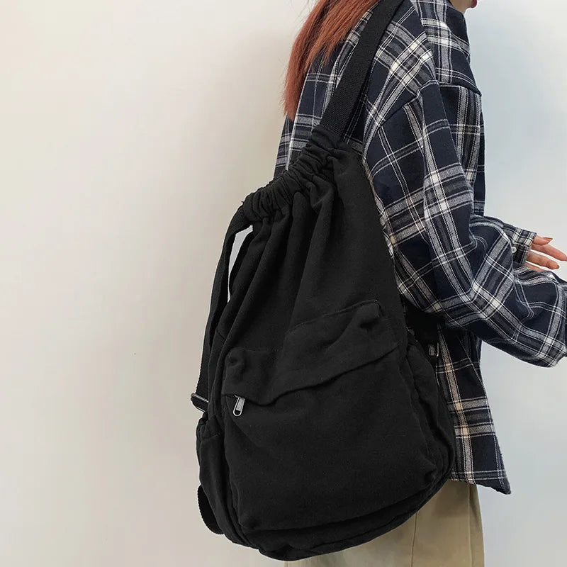 Trendy Lady Canvas Drawstring Laptop Backpack Girl Travel Student Bag Fashion Cool Female College Backpack Women Cute School Bag
