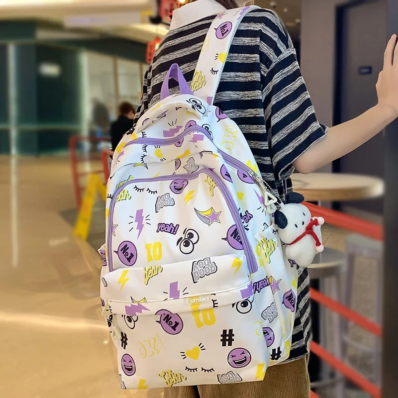 Trendy Women Purple Cartoon Printing Female College Backpack Kawaii Fashion Lady Laptop Travel BookBag Girl Nylon SchoolBag Cute