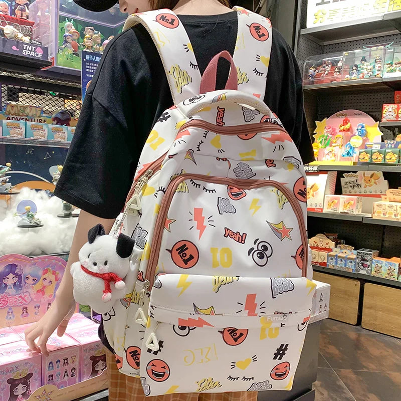 Trendy Women Purple Cartoon Printing Female College Backpack Kawaii Fashion Lady Laptop Travel BookBag Girl Nylon SchoolBag Cute
