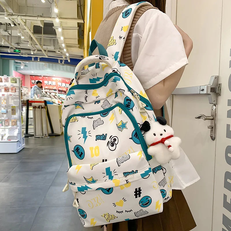 Trendy Women Purple Cartoon Printing Female College Backpack Kawaii Fashion Lady Laptop Travel BookBag Girl Nylon SchoolBag Cute