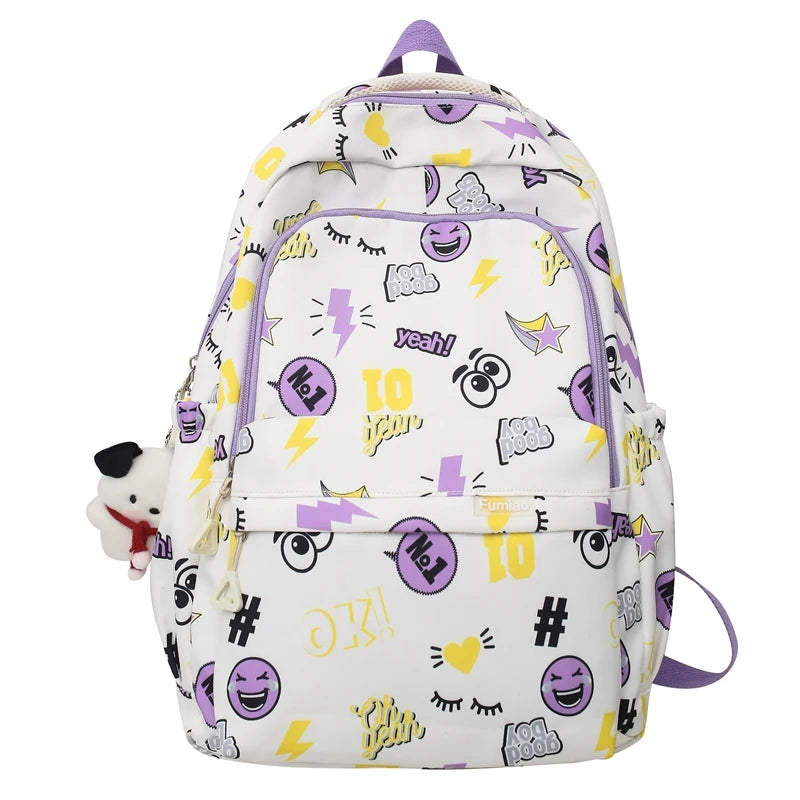 Trendy Women Purple Cartoon Printing Female College Backpack Kawaii Fashion Lady Laptop Travel BookBag Girl Nylon SchoolBag Cute