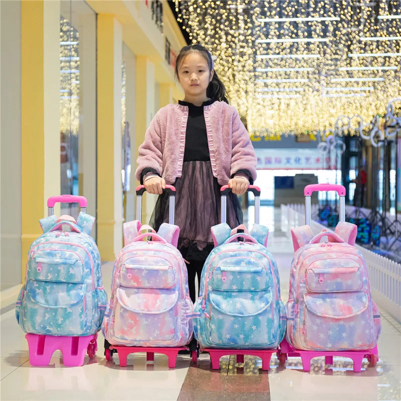 Trolley Children school bags for Girls 2/6 Wheels Detachable Backpack Kids Travel Luggage Book Bag Cartoon printing Schoolbags