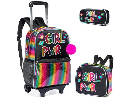Trolley School Bag Set With Lunch Bag Rolling Backpack for Girls Kids Rolling Backpack with wheels Roller Bookbag with Wheels