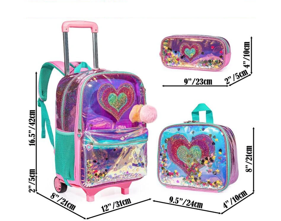 Trolley School Bag Set With Lunch Bag Rolling Backpack for Girls Kids Rolling Backpack with wheels Roller Bookbag with Wheels
